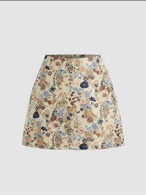Cider Floral Jacquard Mini Skirt in Cream, Blue and Brown